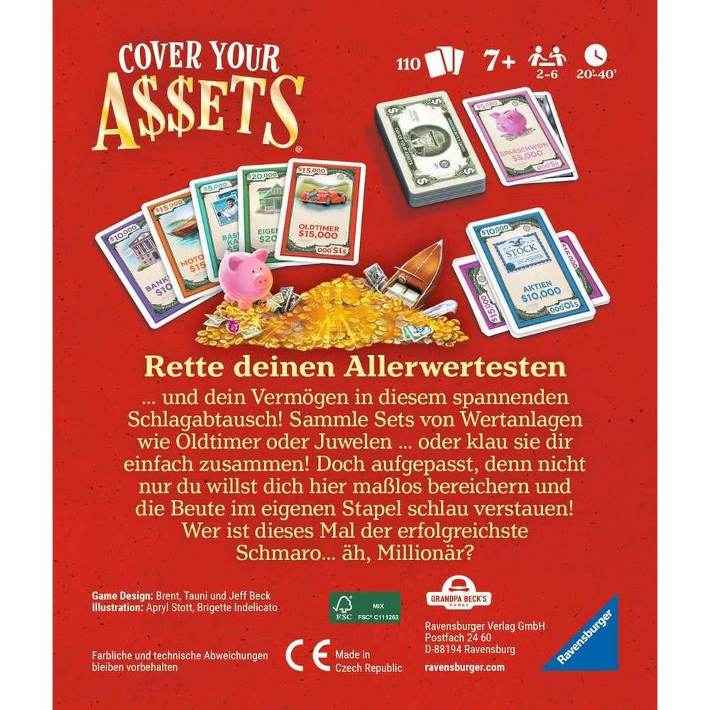 Jeu de société "Cover Your Assets" avec cartes, argent et tirelire sur fond rouge.