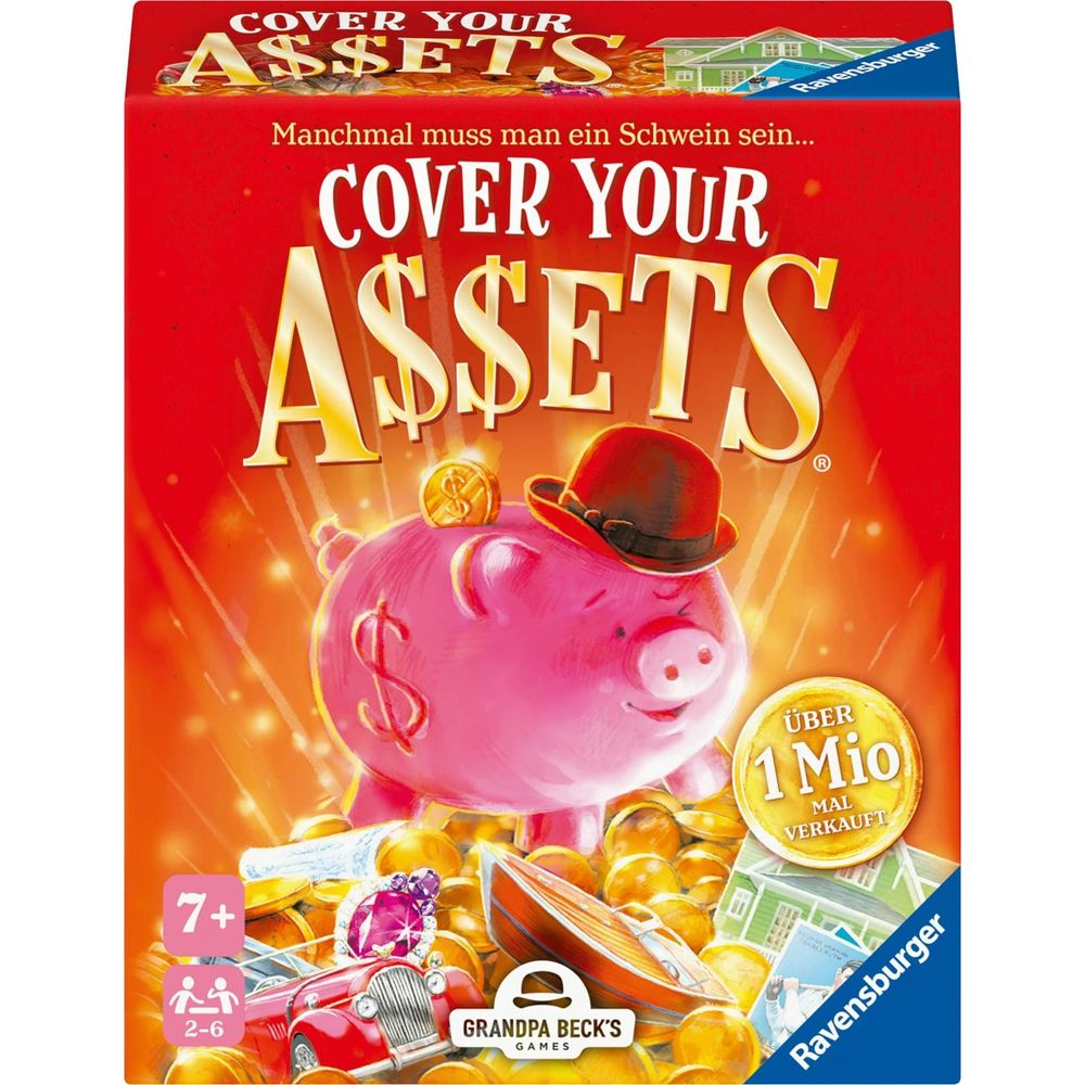 Une tirelire rose avec un chapeau sur des pièces d'or, entourée d'éléments de jeu.