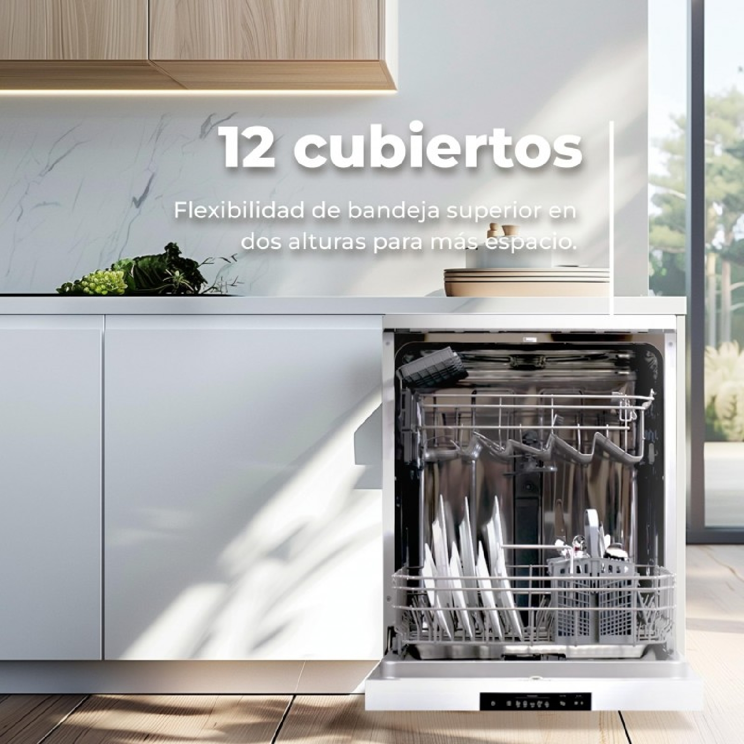 Lavavajillas abierto con cesto lleno, junto a fruta y texto en español.
