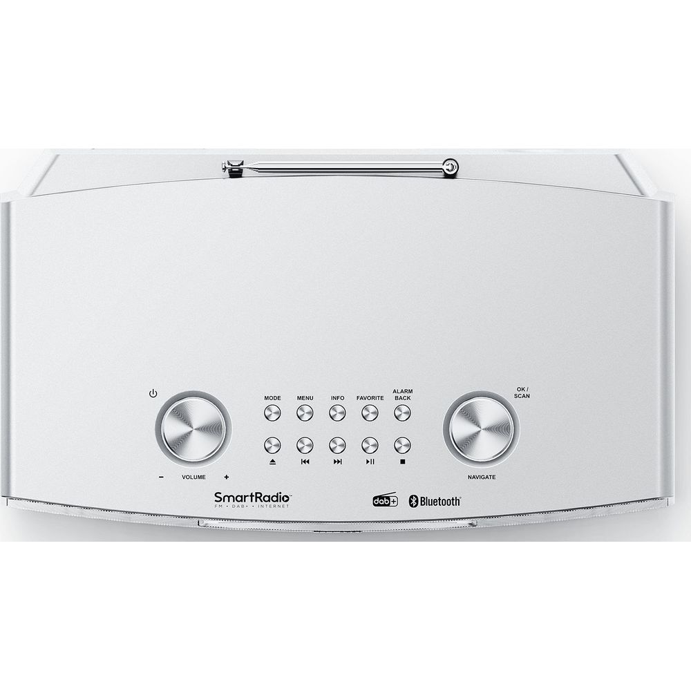 Une SmartRadio argentée avec des boutons et un écran numérique.