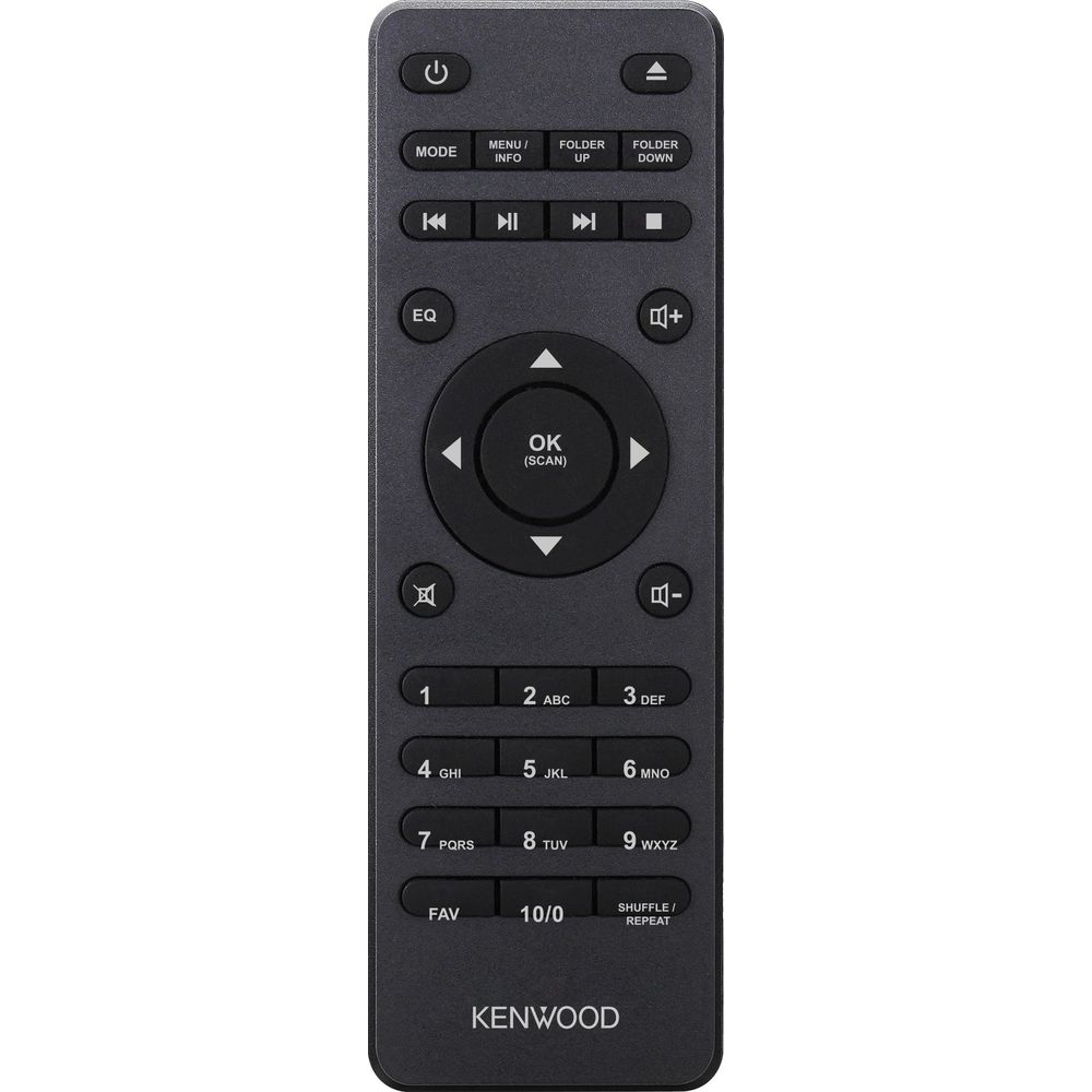 Une télécommande Kenwood grise avec des boutons pour la lecture, le volume et la saisie numérique.
