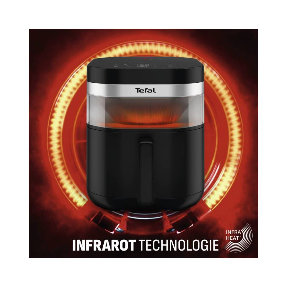 Friggitrice ad aria Tefal nera con tecnologia di riscaldamento a infrarossi.