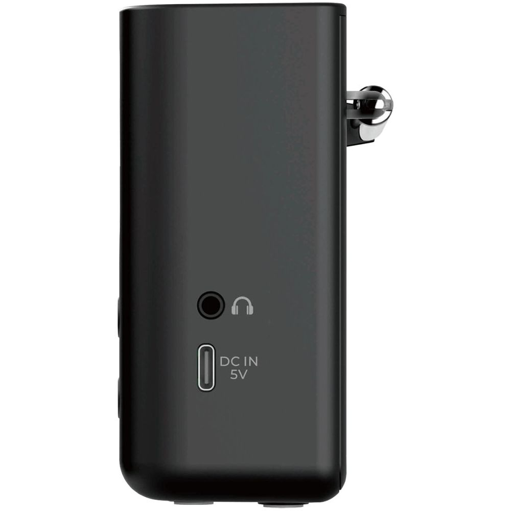 Dispositivo rectangular negro con icono de auriculares y puerto DC IN 5V.