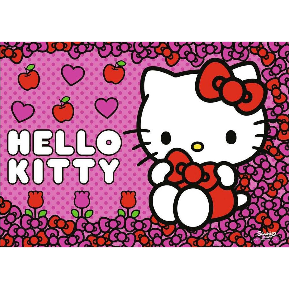 Hello Kitty mit roten Schleifen auf pinkem Hintergrund mit Äpfeln und Herzen.