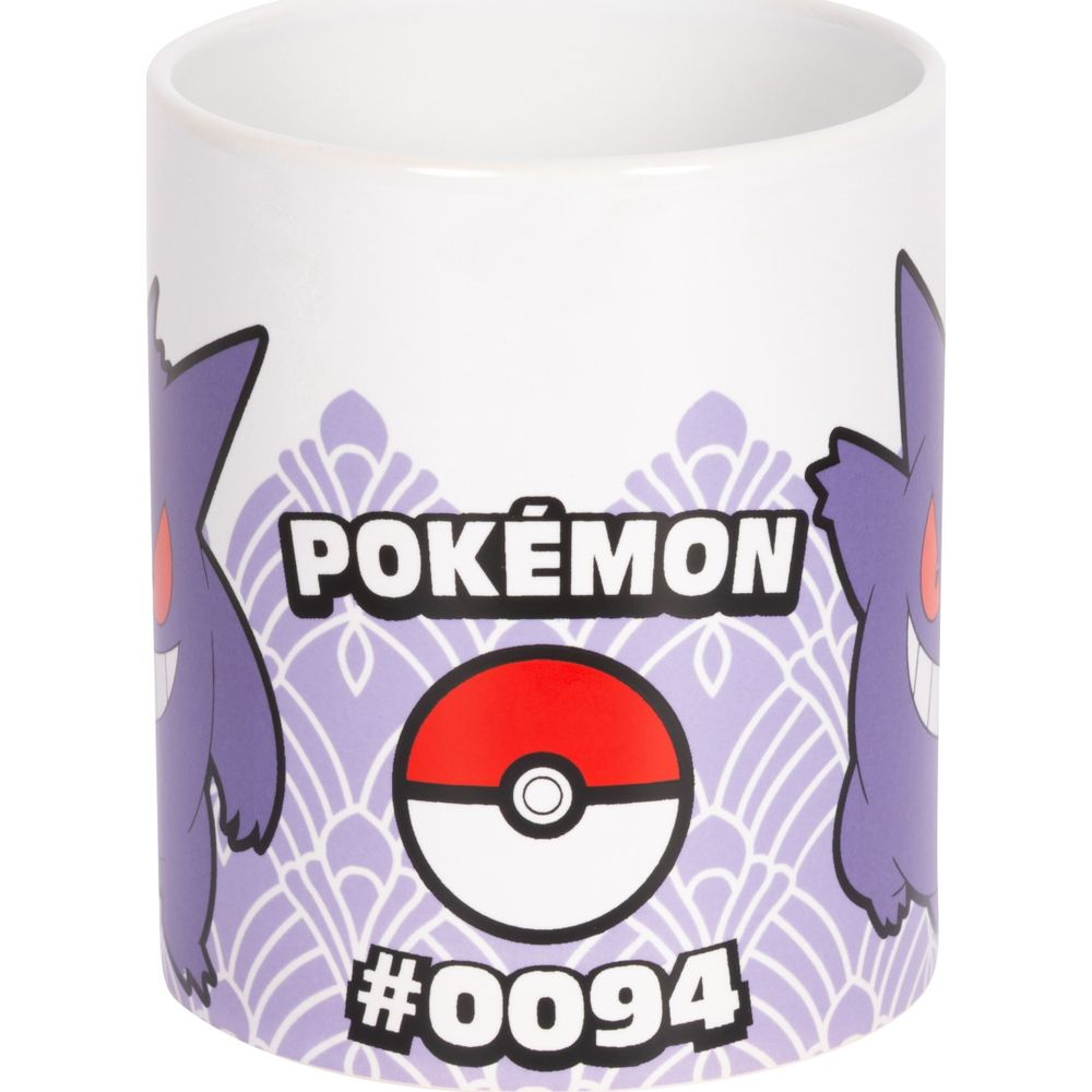 Weiße Tasse mit Pokémon-Motiv: Gengar, Pokeball und #0094.