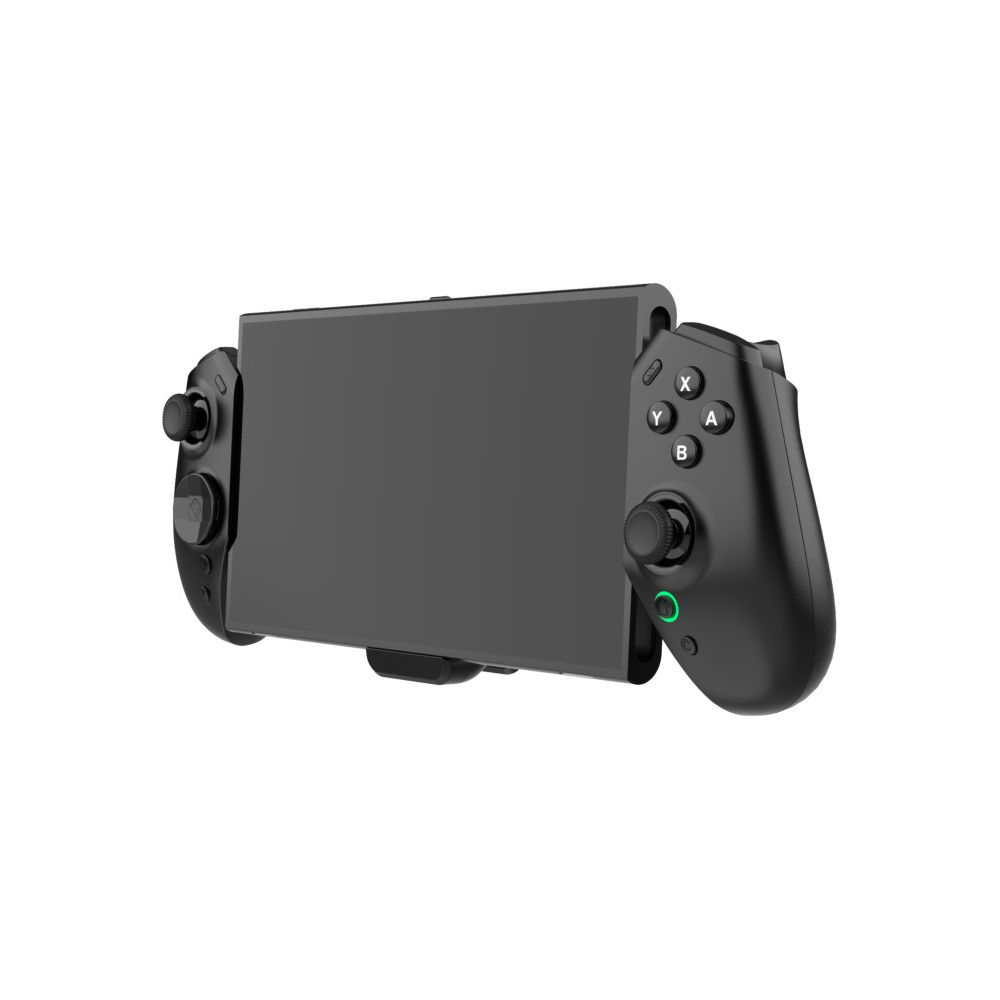Ein schwarzer Gamecontroller mit einem dunklen Bildschirm und zwei Joysticks.
