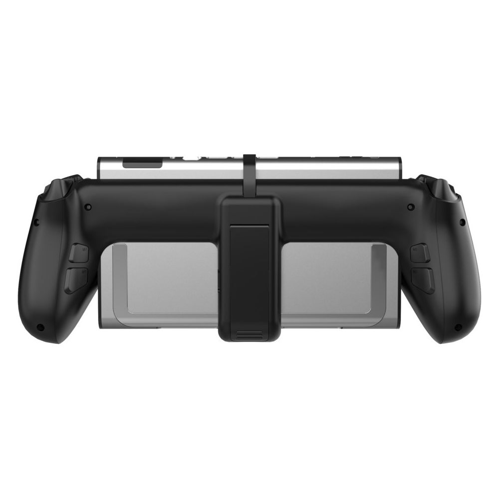 Schwarzer Controller-Griff mit silbernem Handyhalter und grauen Tasten.