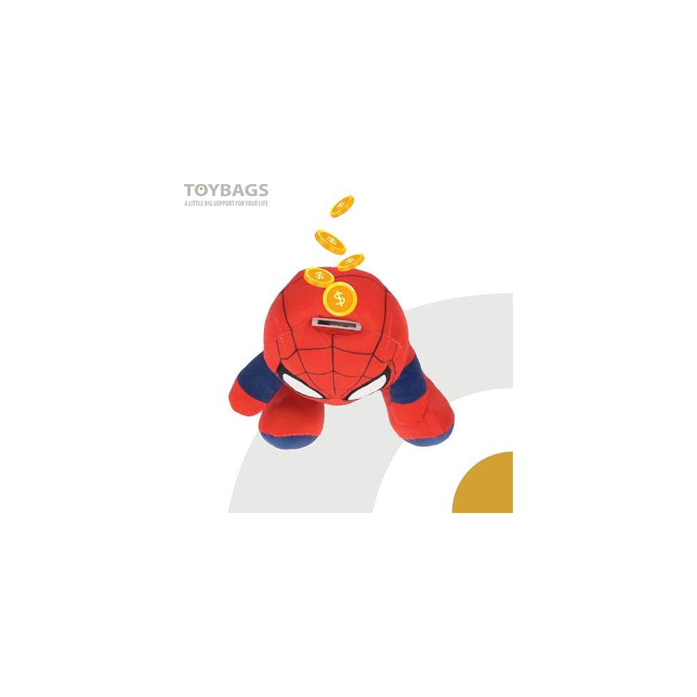 Salvadanaio Spiderman con monete che cadono dentro.