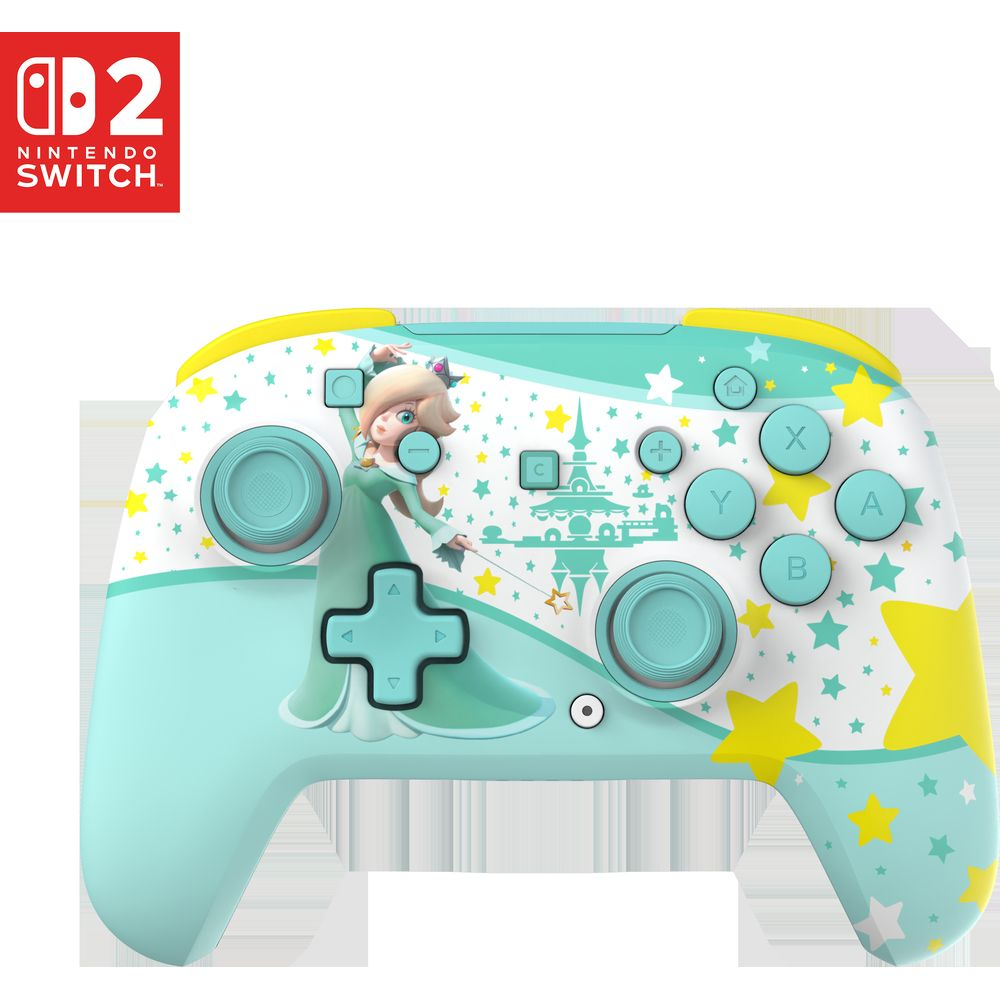 Controller Nintendo Switch con Rosalina, stelle e castello su verde menta.
