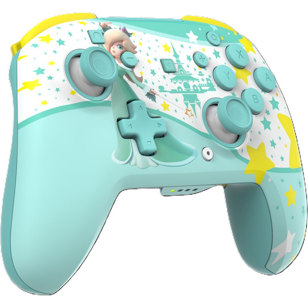 Un controller bianco e azzurro con Rosalina e stelle.