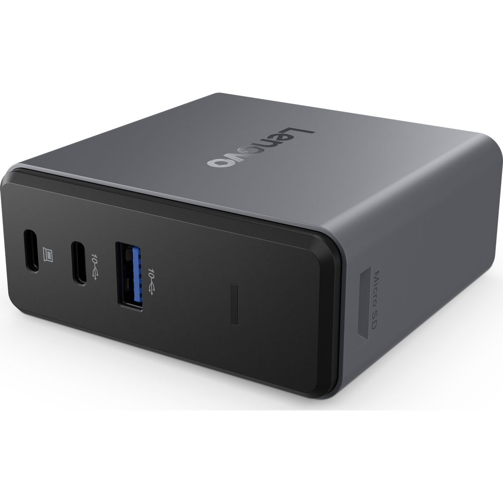 Grauer Lenovo USB-C-Ladegerät mit zwei USB-A-Anschlüssen und SD-Kartensteckplatz.