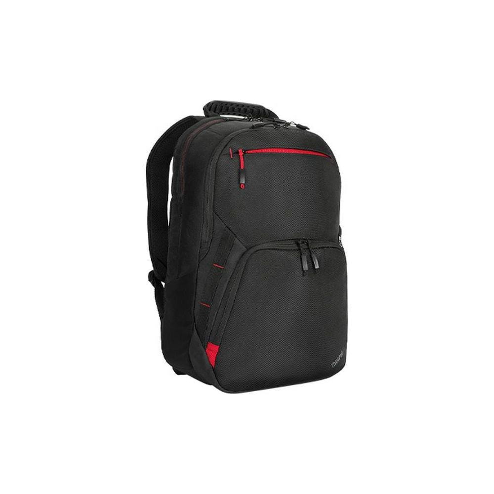 Schwarzer Rucksack mit roten Akzenten, auf weißem Hintergrund.