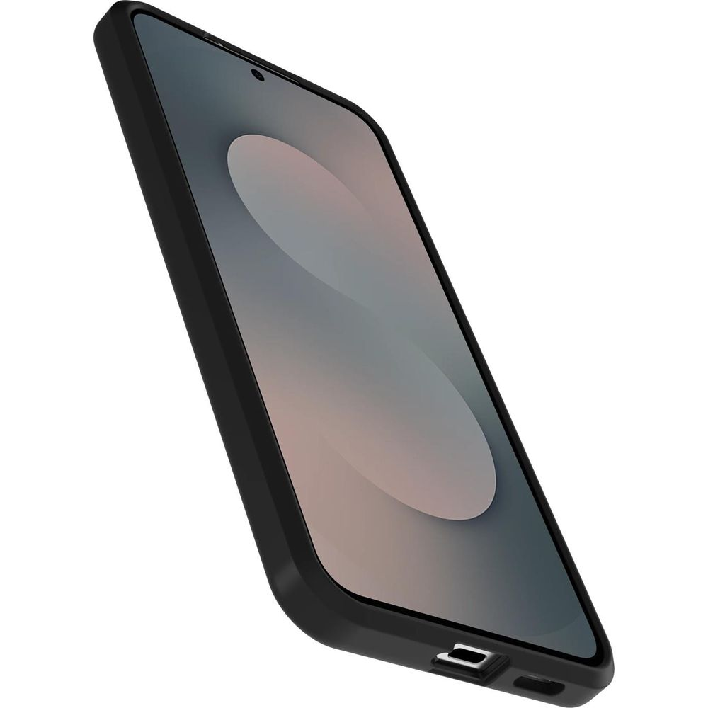 Una custodia nera per smartphone con uno schermo che mostra un design astratto tenue.