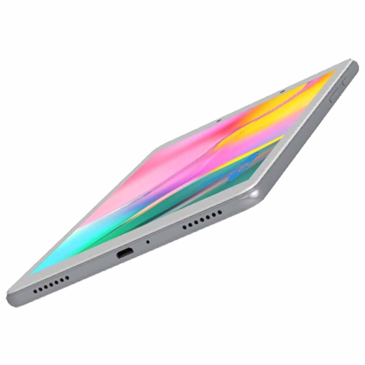 Un tablet argentato con schermo colorato su sfondo bianco.