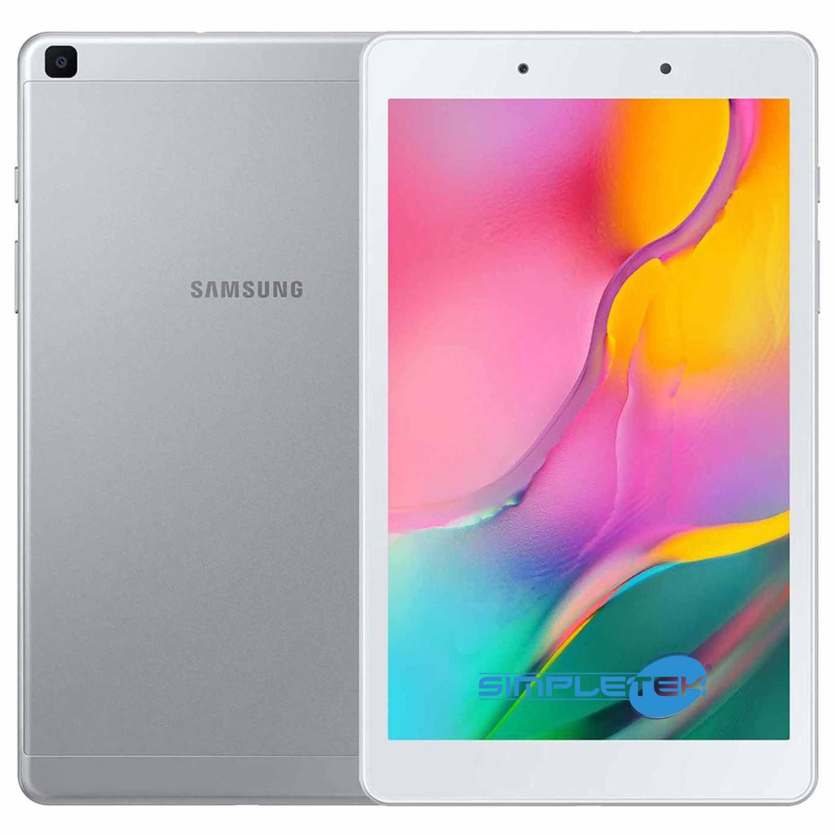 Un tablet Samsung argentato con uno sfondo colorato visualizzato sullo schermo.