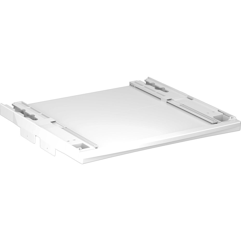Un cassetto scorrevole bianco in plastica per lavatrice con guide e clip su sfondo bianco.