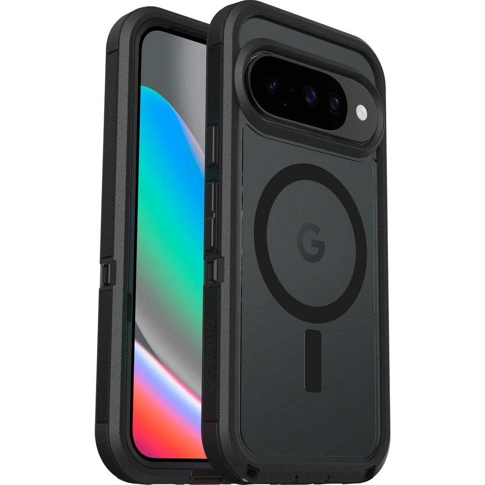 Custodia nera per telefono con logo Google G e ritaglio fotocamera.