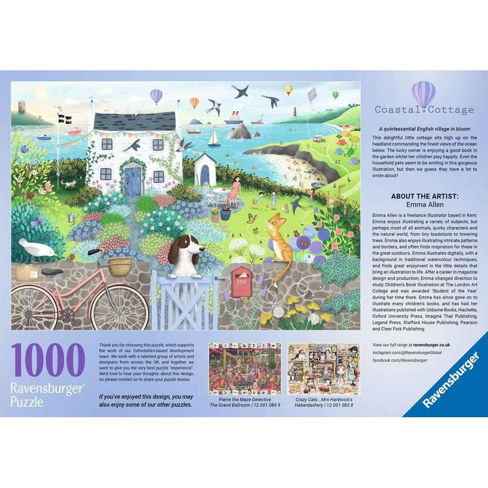 Un pittoresco villaggio inglese con casa, giardino, spiaggia e mare. Si vedono un cane e un gatto.