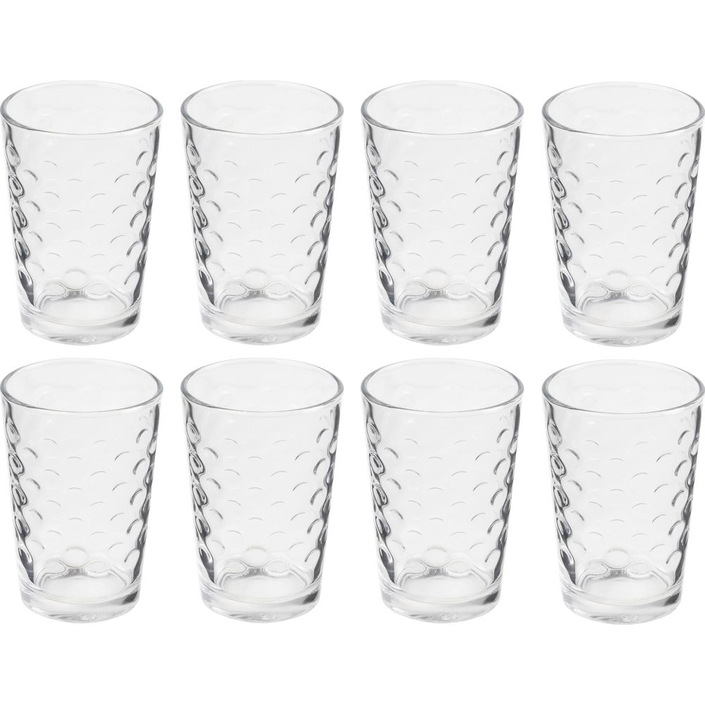 Ocho vasos transparentes con patrón de hoyuelos, sobre fondo blanco.