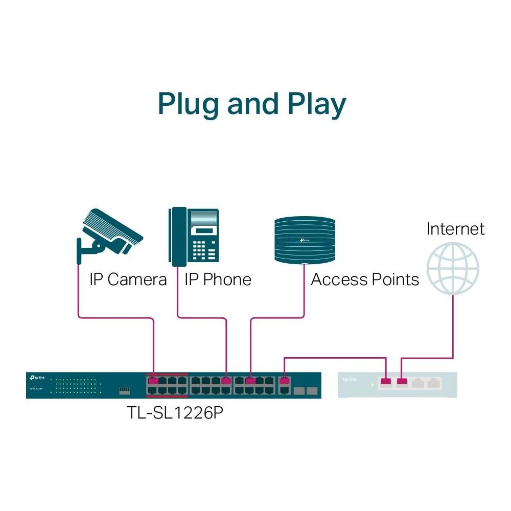 Schema zeigt IP-Kamera, IP-Telefon, Access Points, Internet & Switch.