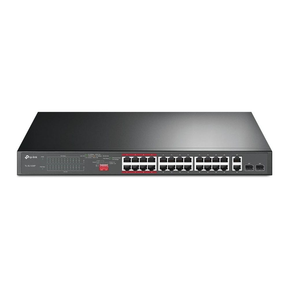 Ein schwarzer TP-Link TL-SL1226P Netzwerk-Switch mit 24 Ethernet-Ports und 2 Combo-Ports.