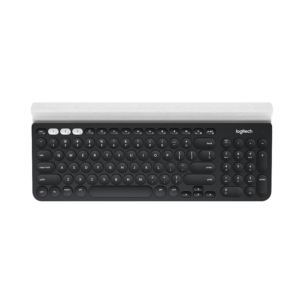 Tastiera Logitech nera con bordo superiore bianco e tastierino numerico.