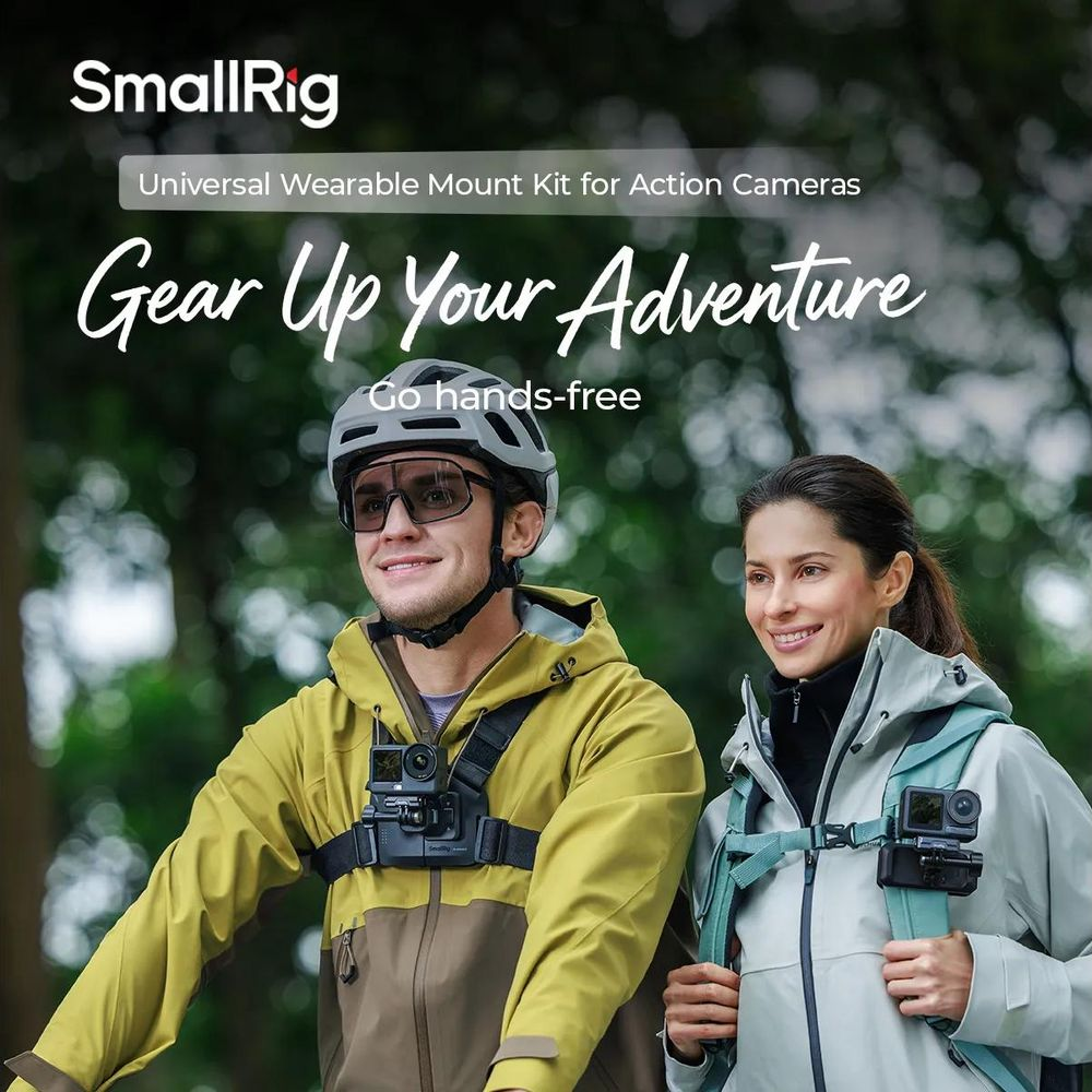 Man and woman wearing action cameras attached to chest mounts.