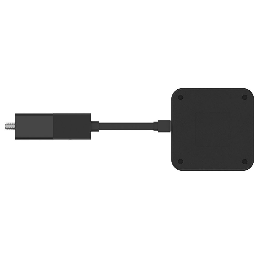 Un adaptador HDMI negro con cable y un extremo cuadrado.