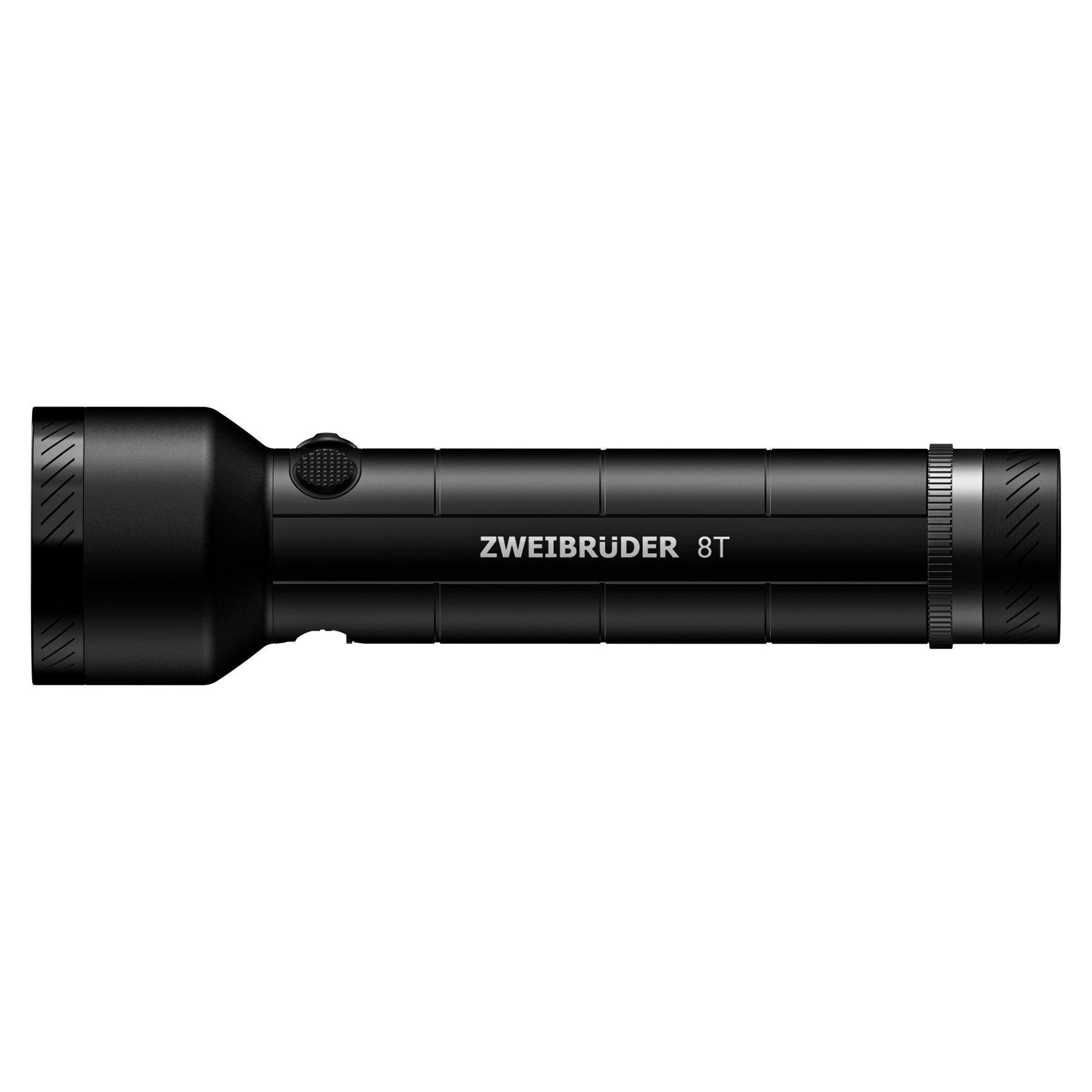Eine schwarze Taschenlampe mit dem Aufdruck ZWEIBRÜDER 8T liegt auf schwarzem Hintergrund.