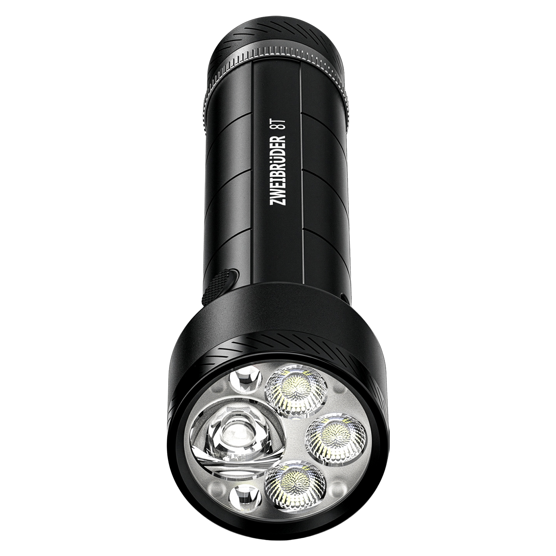 Schwarze Taschenlampe mit vier LEDs und Text 'ZWEIBRÜDER 8T'.