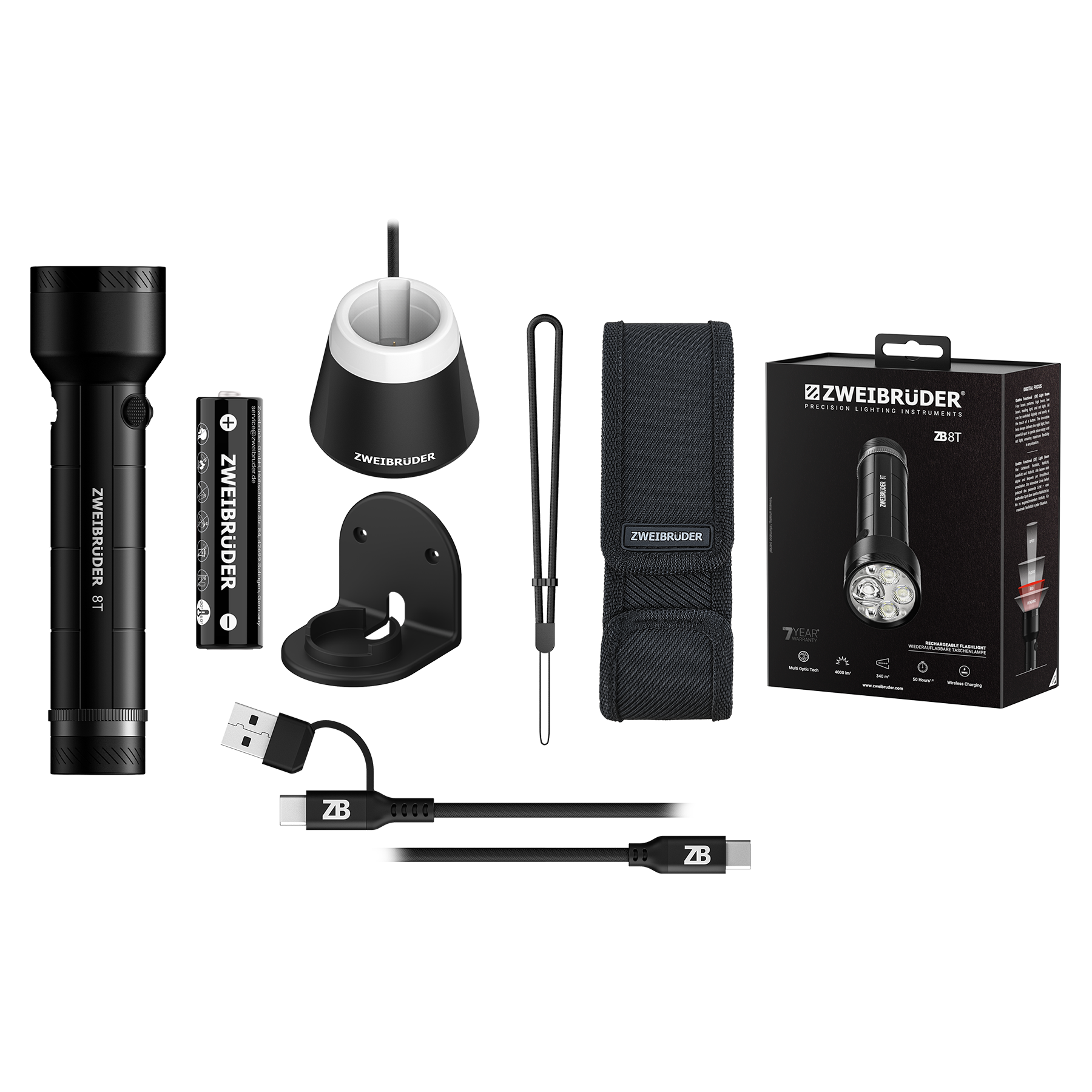 Ein schwarzer ZWEIBRÜDER 8T Taschenlampen-Kit mit Zubehör auf schwarzem Hintergrund.