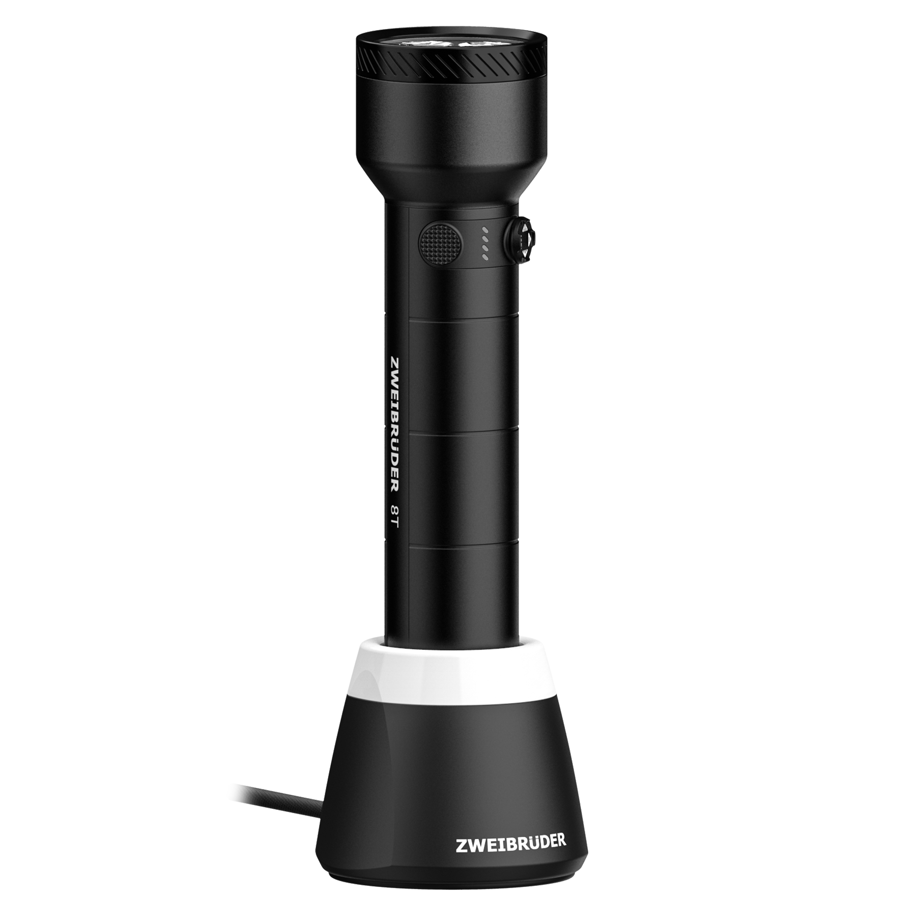 Schwarze Taschenlampe mit Ladebasis und Kabel.