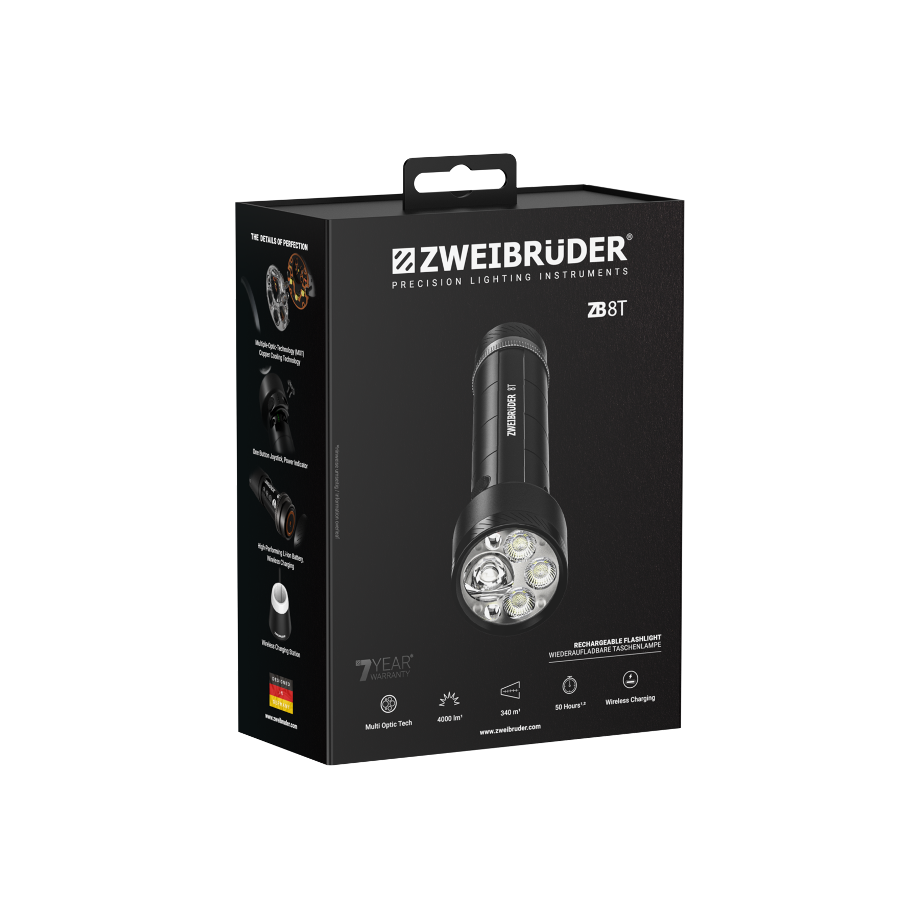 Verpackung einer ZWEIBRÜDER ZB8T Taschenlampe mit Details wie Multi-Optik-Technologie.
