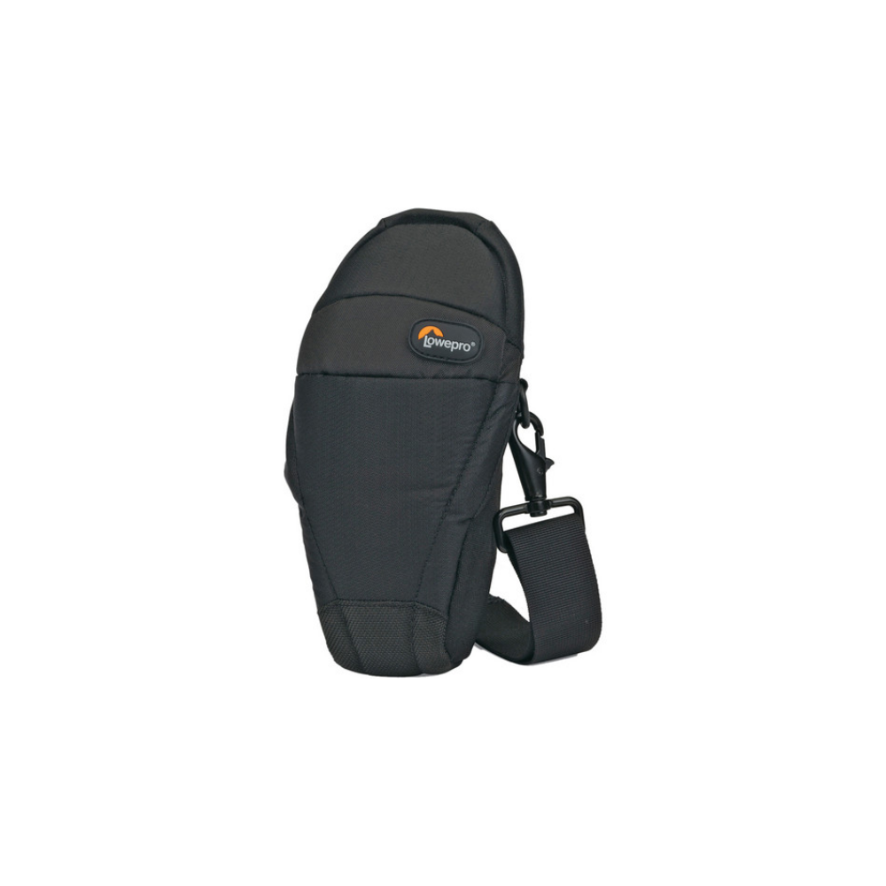 Eine schwarze Lowepro Kameratasche mit Tragegurt, auf weißem Hintergrund.
