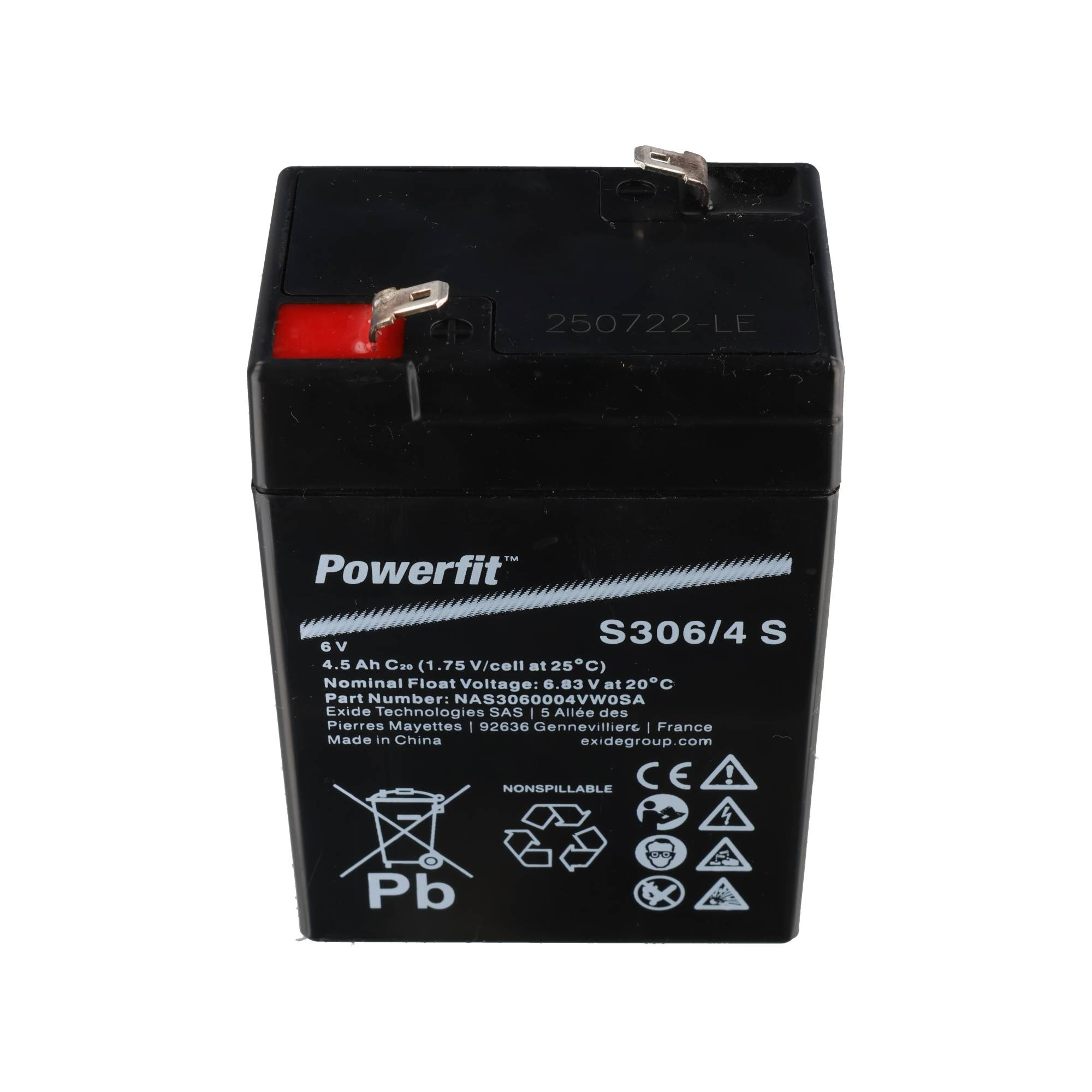 Schwarze 6V-Batterie mit Powerfit-Logo, Modell S306/4 S, und technischen Daten.