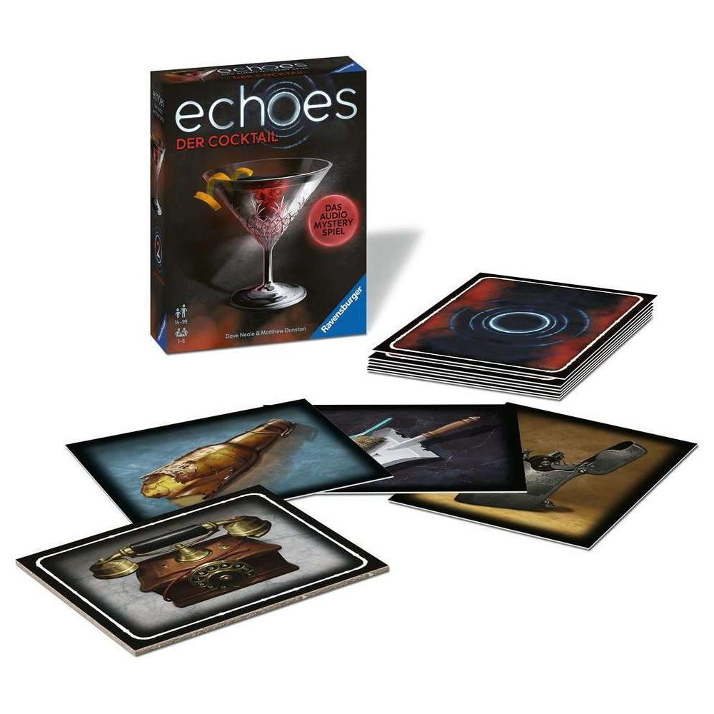 Scatola gioco "Echoes Der Cocktail" con carte: telefono, bottiglia, pala, clip.