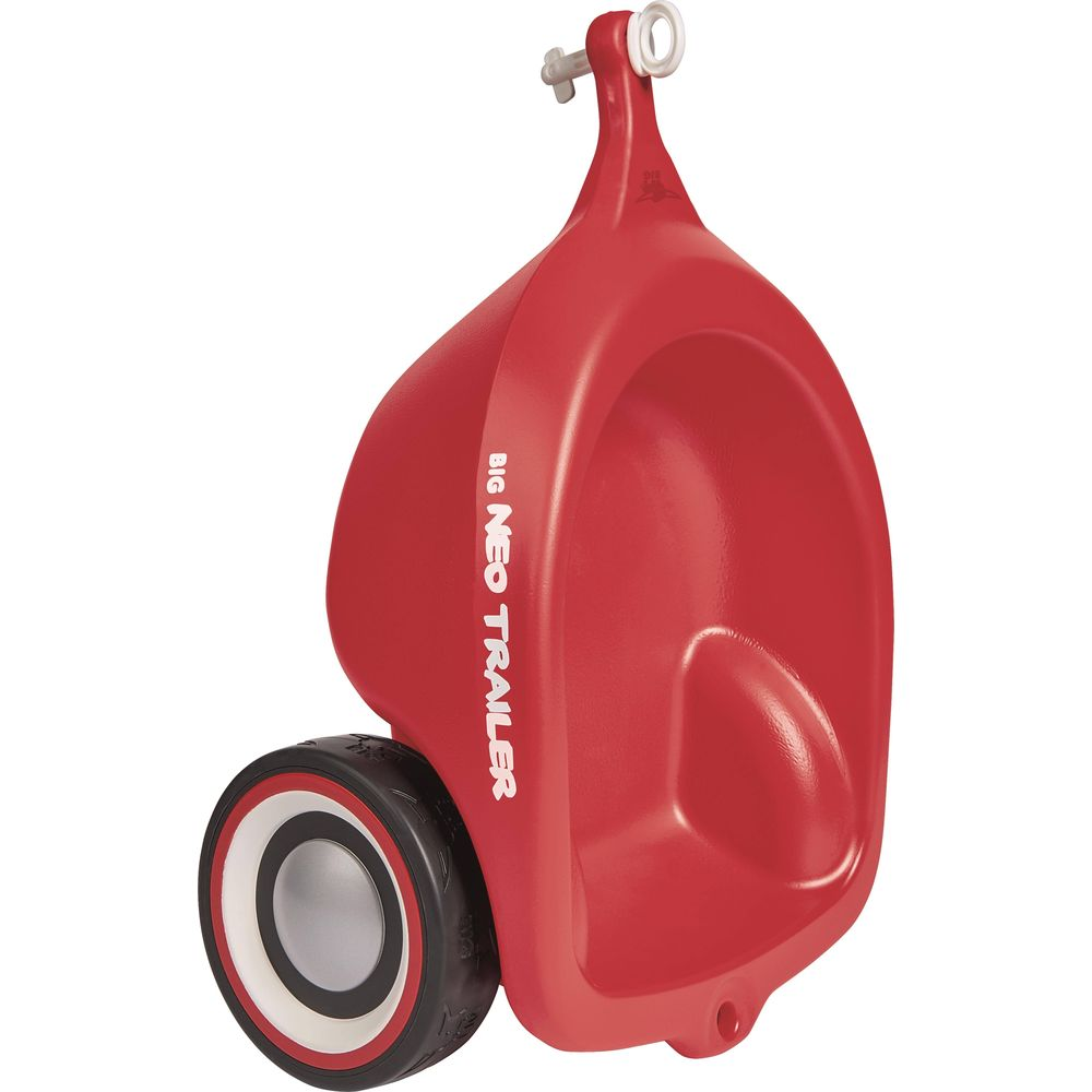 Un remolque rojo para niños con una rueda y un asa.