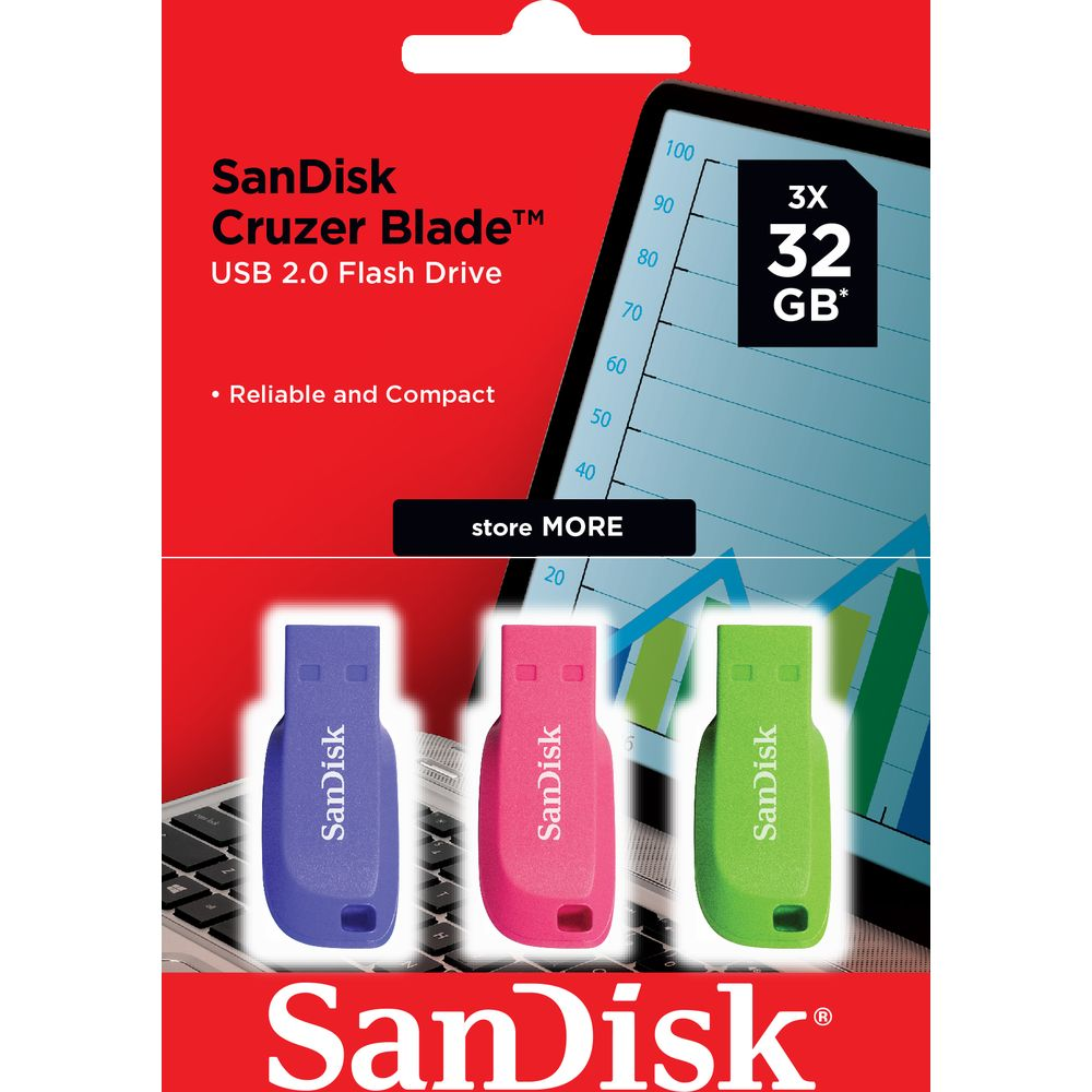 Memorias USB SanDisk Cruzer Blade 3x 32GB USB 2.0 en azul, rosa y verde sobre un teclado.