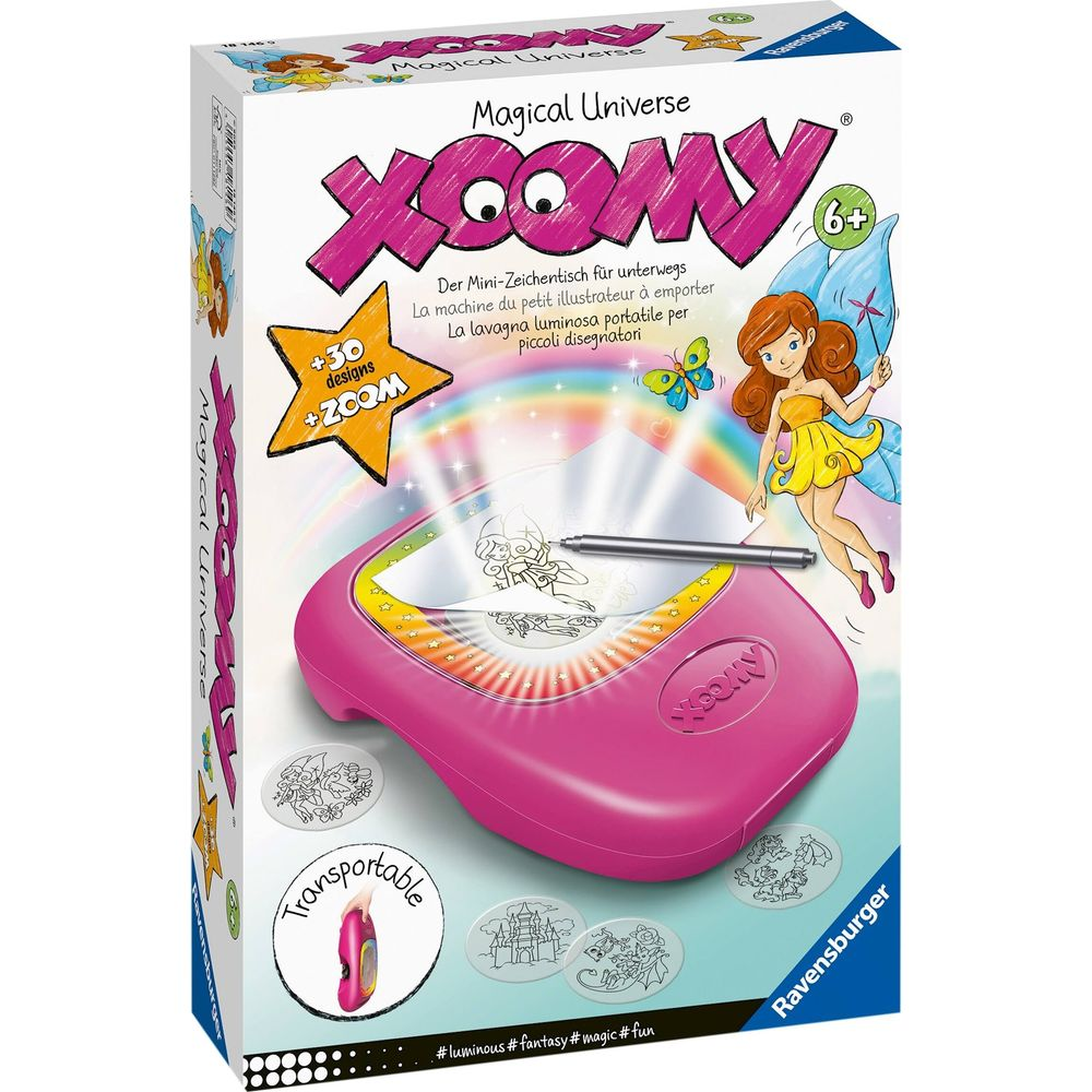 Die Xoomy Box zeigt einen leuchtenden Zeichentisch für Kinder mit Fee, Schmetterling und Regenbogen.