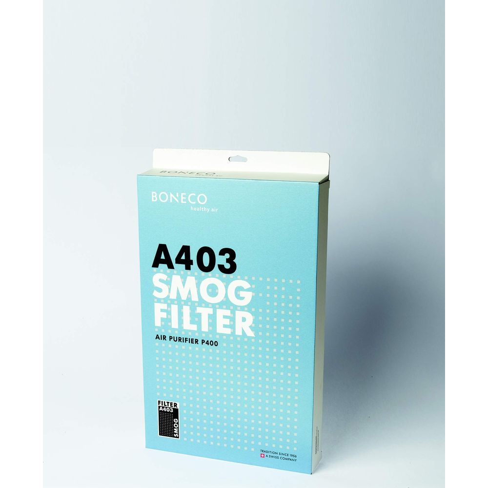 Eine blaue Verpackung für einen BONECO A403 SMOG FILTER für Luftreiniger P400.