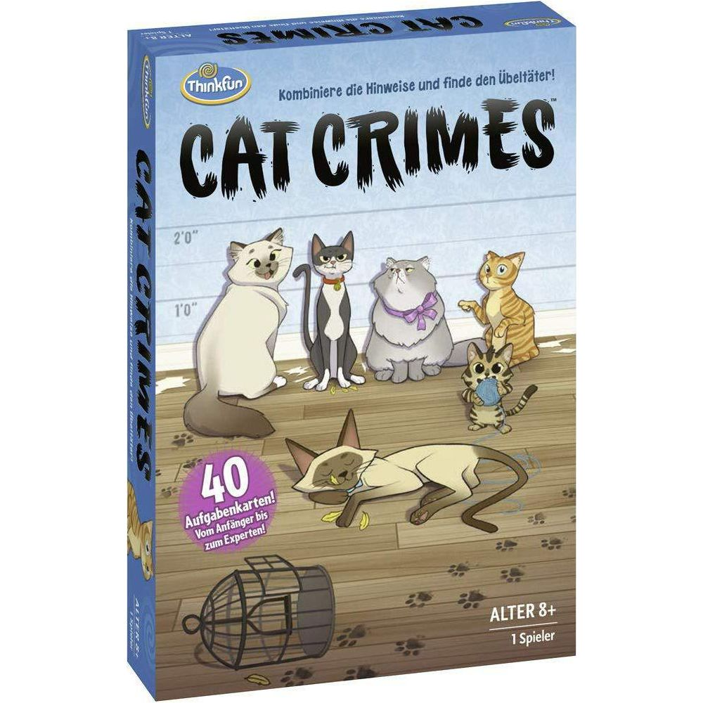 Brettspiel "Cat Crimes" mit Katzenfiguren, einem Käfig und "40 Aufgabenkarten".