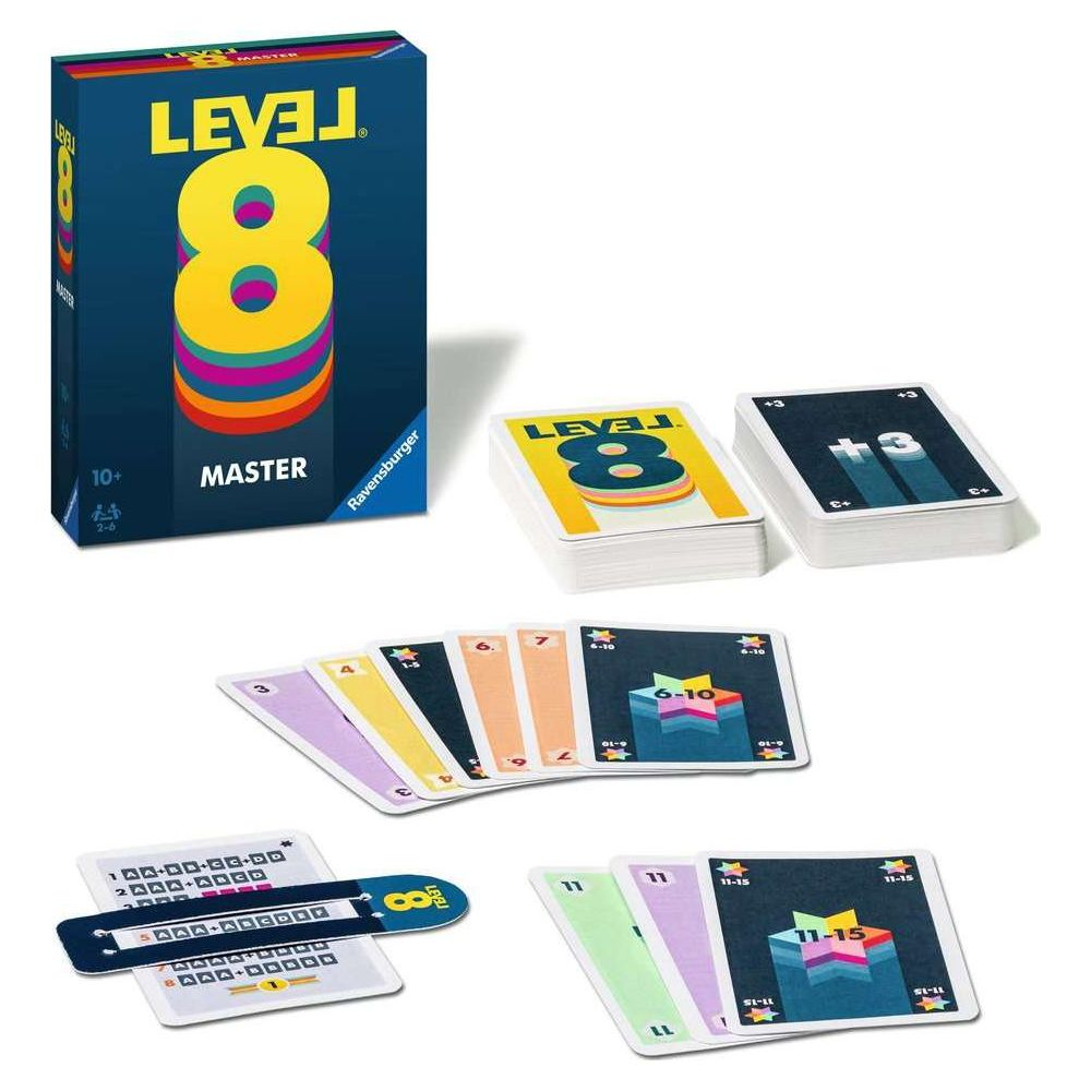 Das Spiel Level 8 Master von Ravensburger mit Karten und Box auf weißem Hintergrund.