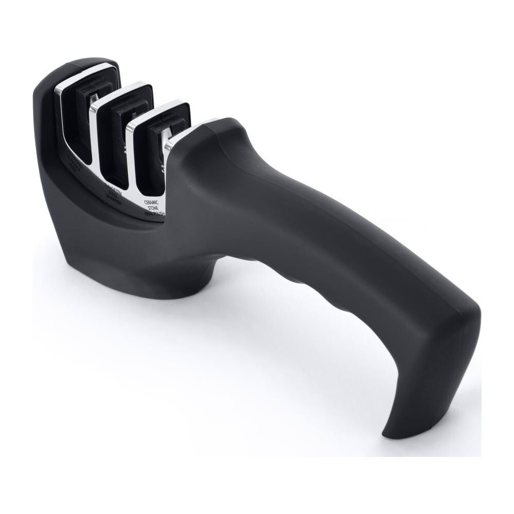 A black knife sharpener with a handle and three slots for different blades.