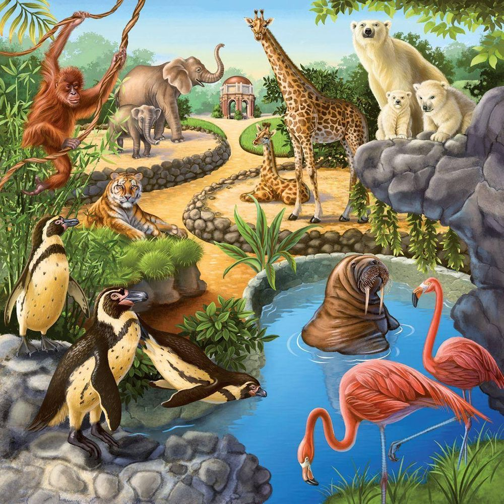 Una scena di zoo con elefanti, giraffe, orsi polari, tricheco, fenicotteri, pinguini, orangutan, tigre.