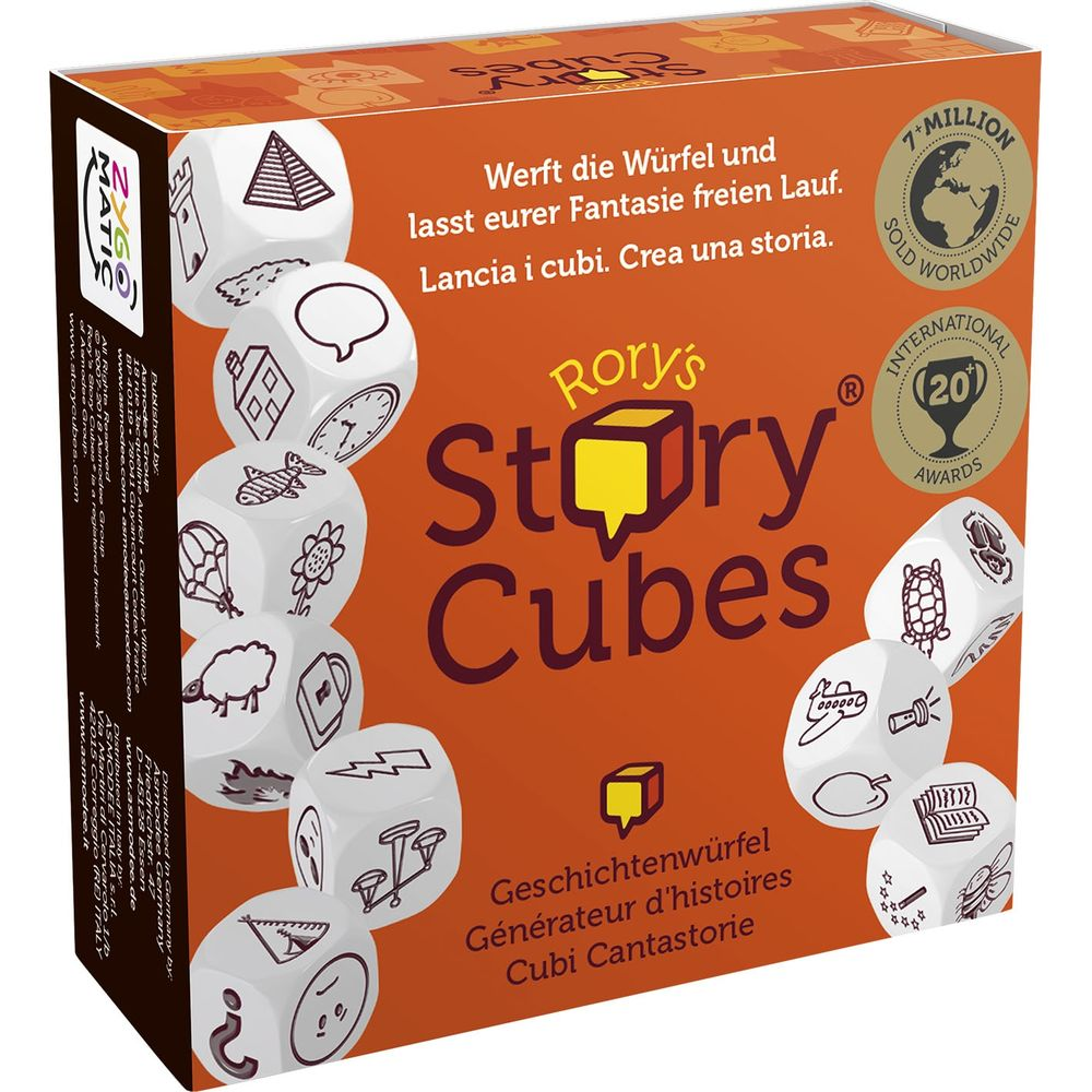 Scatola Rory's Story Cubes con dadi raffiguranti piramide, casa, orologio, pecora.