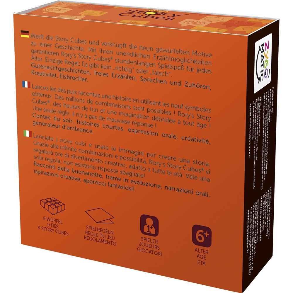 Scatola del gioco Rory's Story Cubes con testo in tedesco, francese e italiano.