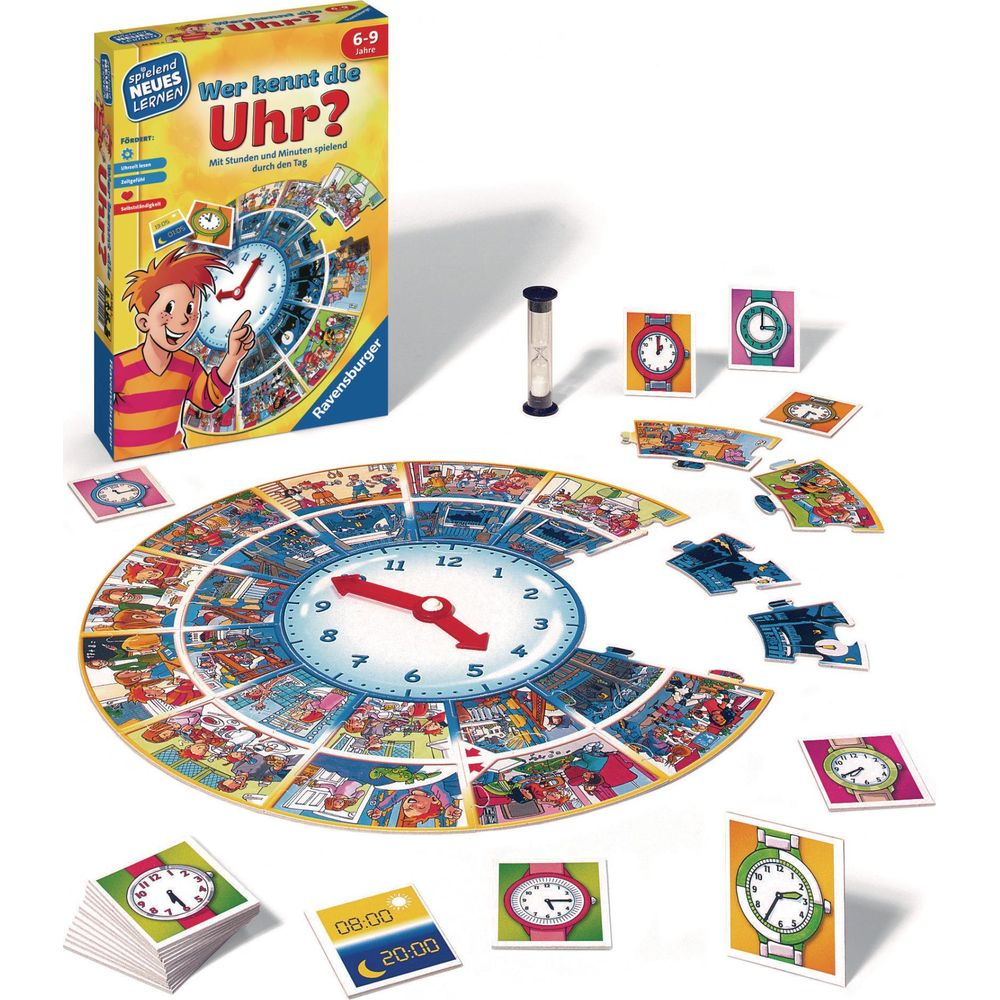 Gioco da tavolo Ravensburger 'Chi conosce l'ora?' con tabellone, carte e clessidra.