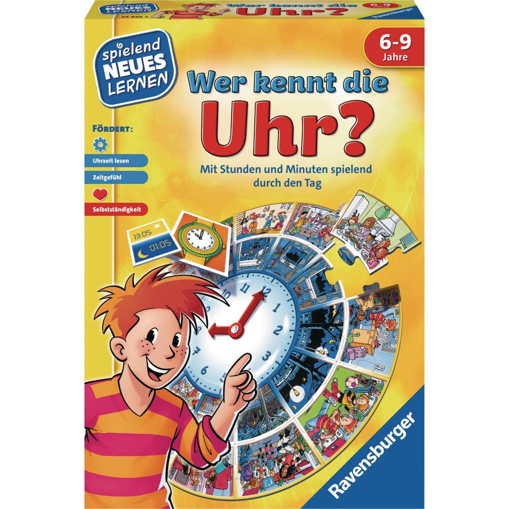 Scatola del gioco 'Chi conosce l'ora?' per 6-9 anni. Raffigura un ragazzo che indica un orologio.