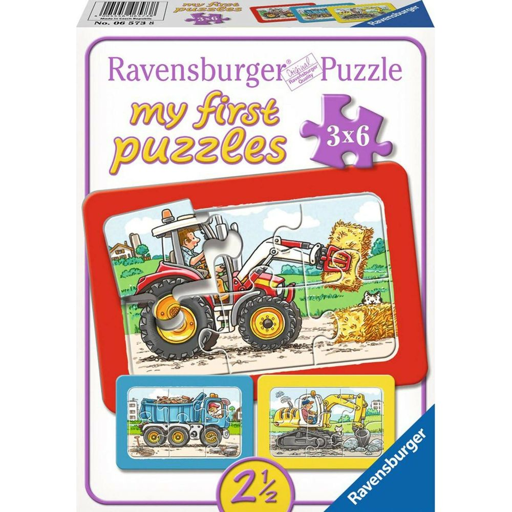 Puzzle Ravensburger. Trattore che carica fieno, camion e escavatore.