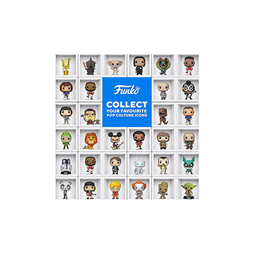 30 Funko Pop!-Figuren in weißen Schachteln, gruppiert in 5 Reihen und 6 Spalten.